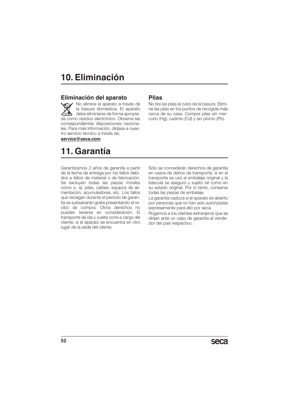 Eliminación, Eliminación del aparato, Pilas | Garantía | Seca 956 User Manual | Page 52 / 136