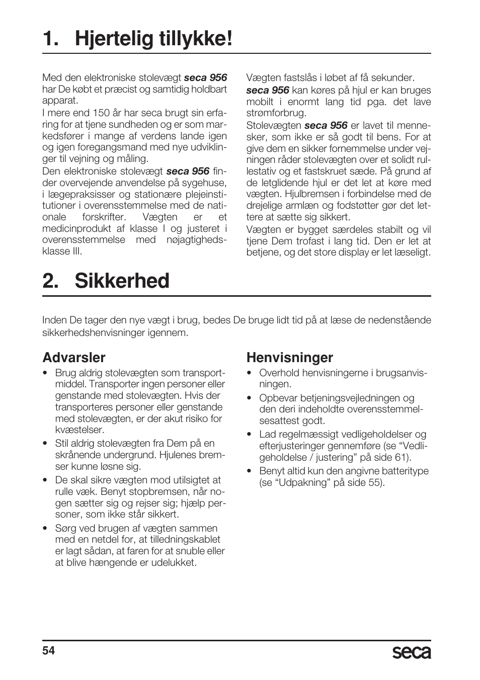 Hjertelig tillykke, Sikkerhed, Advarsler | Henvisninger | Seca 956 User Manual | Page 54 / 136