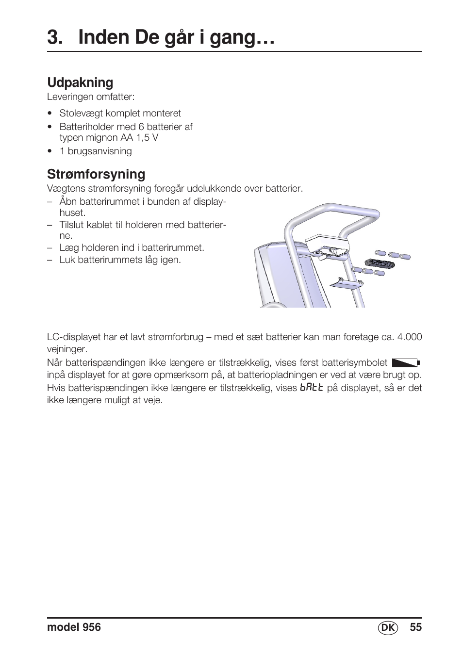 Inden de går i gang, Udpakning, Strømforsyning | Seca 956 User Manual | Page 55 / 136