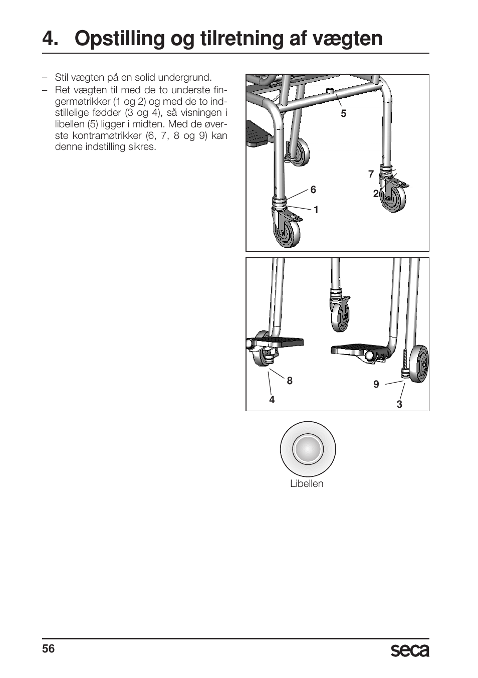 Opstilling og tilretning af vægten, Libelle | Seca 956 User Manual | Page 56 / 136