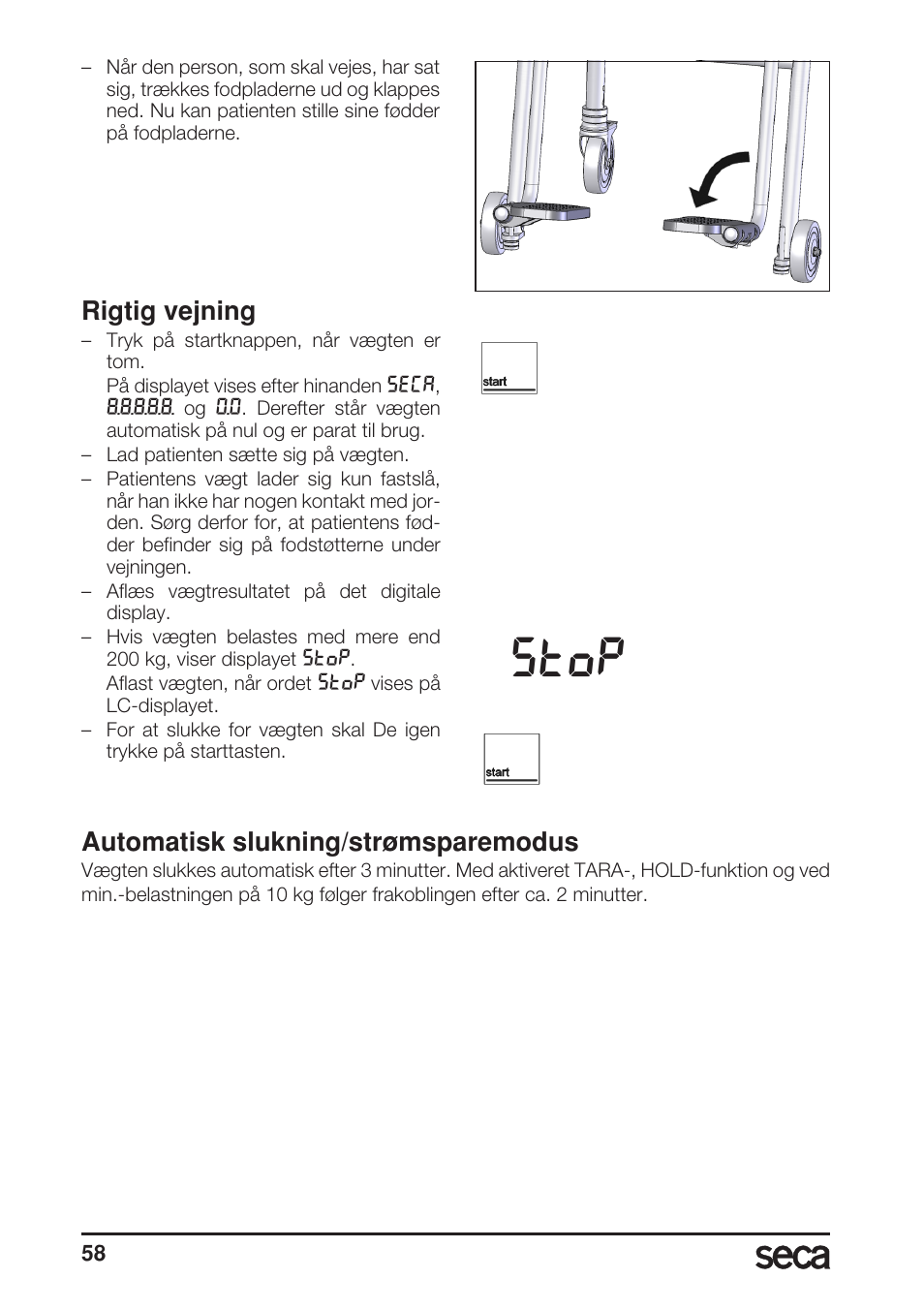 Rigtig vejning, Automatisk slukning/strømsparemodus, Stop | Seca 956 User Manual | Page 58 / 136