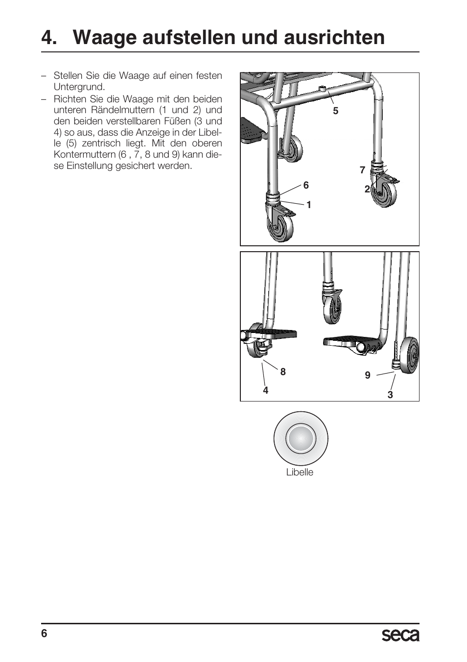 Waage aufstellen und ausrichten, Libelle | Seca 956 User Manual | Page 6 / 136