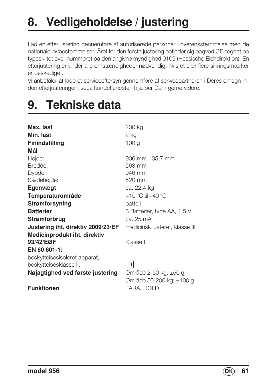 Vedligeholdelse / justering, Tekniske data | Seca 956 User Manual | Page 61 / 136