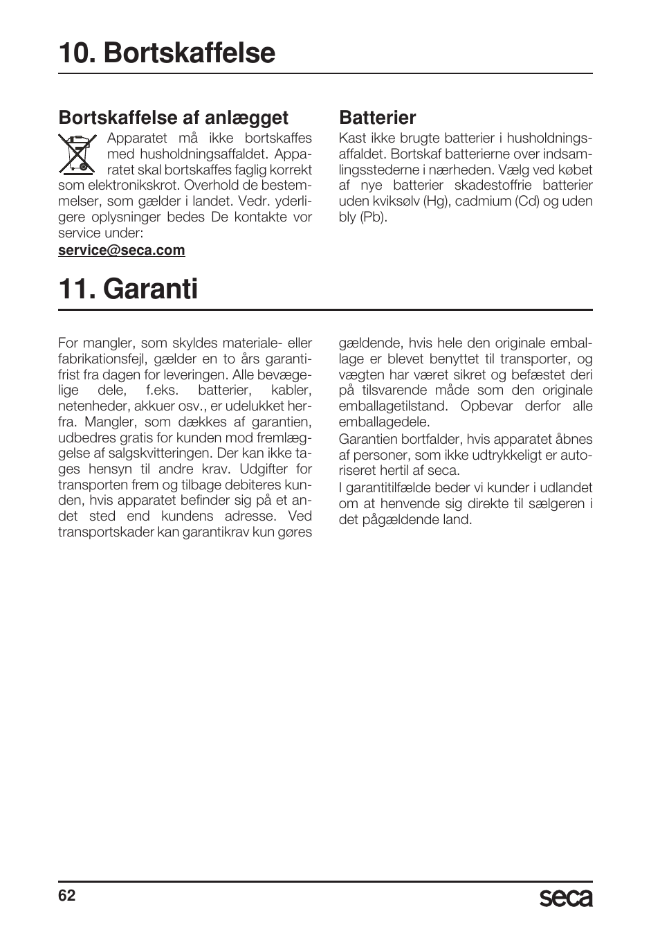 Bortskaffelse, Bortskaffelse af anlægget, Batterier | Garanti | Seca 956 User Manual | Page 62 / 136