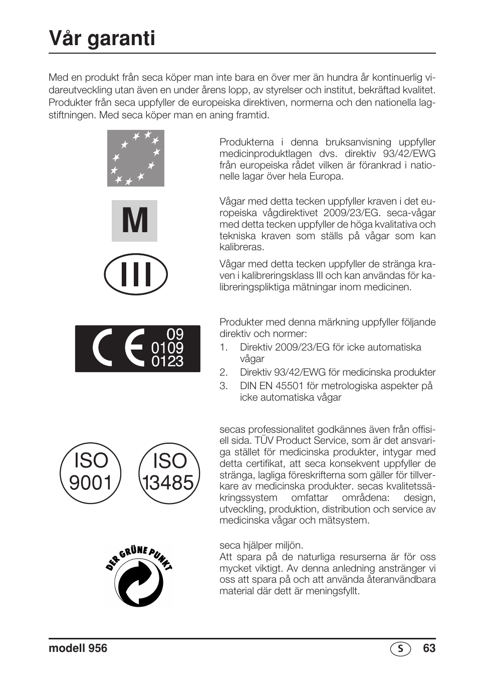 Svenska, Vår garanti | Seca 956 User Manual | Page 63 / 136