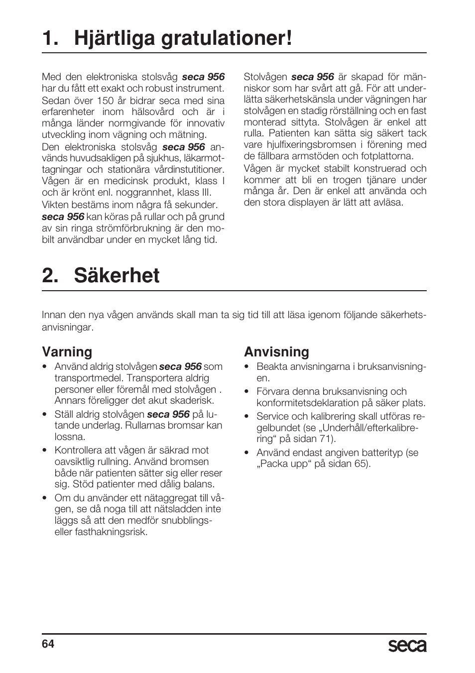 Hjärtliga gratulationer, Säkerhet, Varning | Anvisning | Seca 956 User Manual | Page 64 / 136