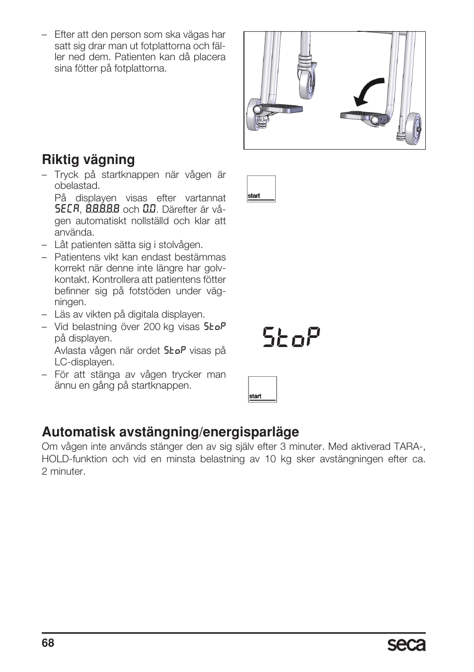 Riktig vägning, Automatisk avstängning/energisparläge, Stop | Seca 956 User Manual | Page 68 / 136