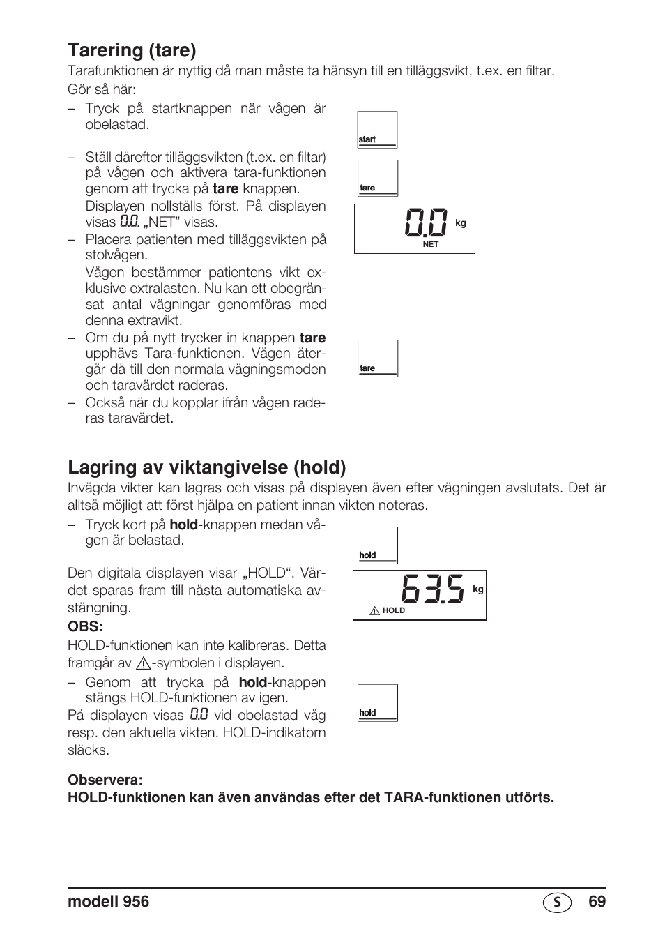 Tarering (tare), Lagring av viktangivelse (hold) | Seca 956 User Manual | Page 69 / 136