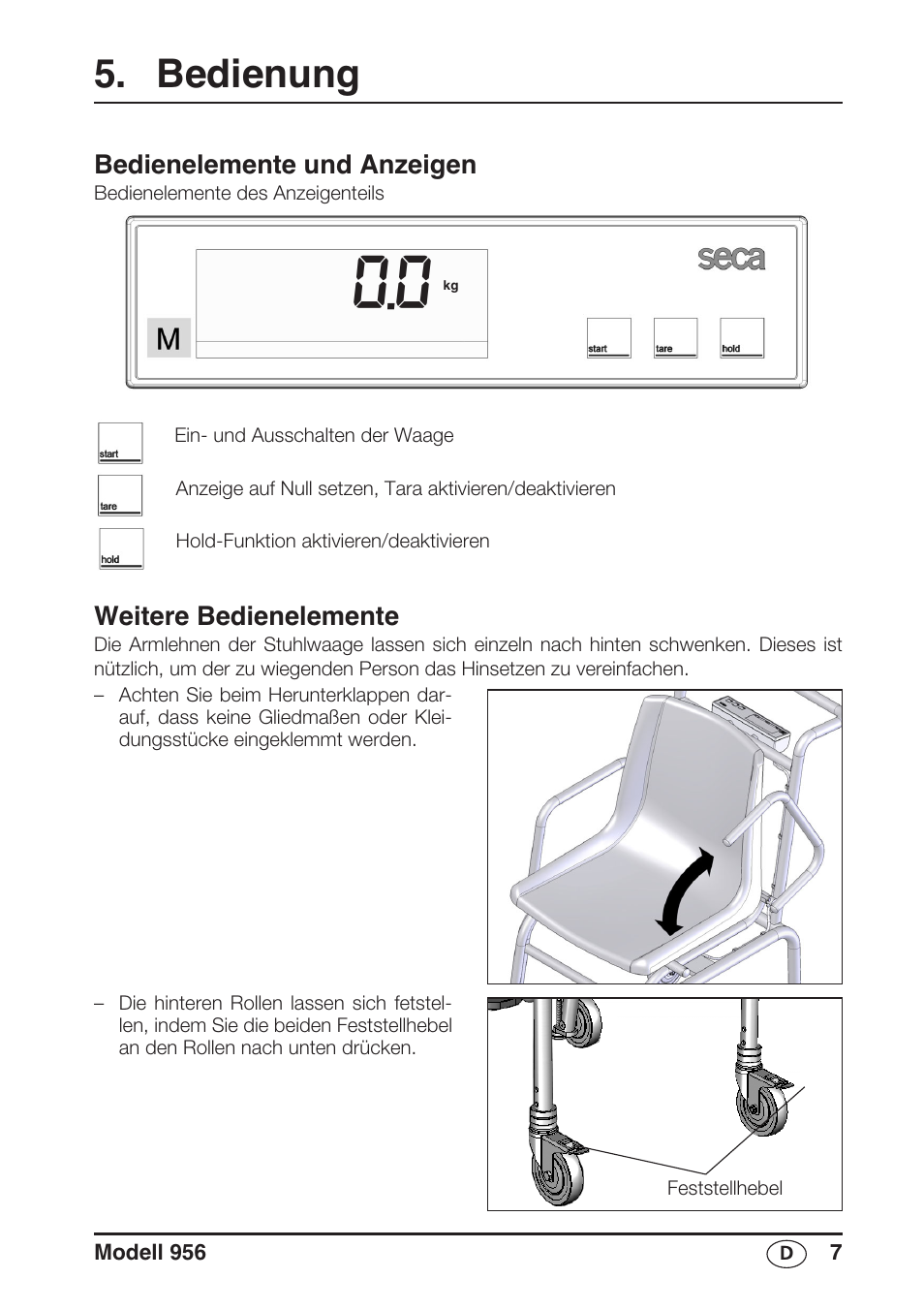 Bedienung, Bedienelemente und anzeigen | Seca 956 User Manual | Page 7 / 136