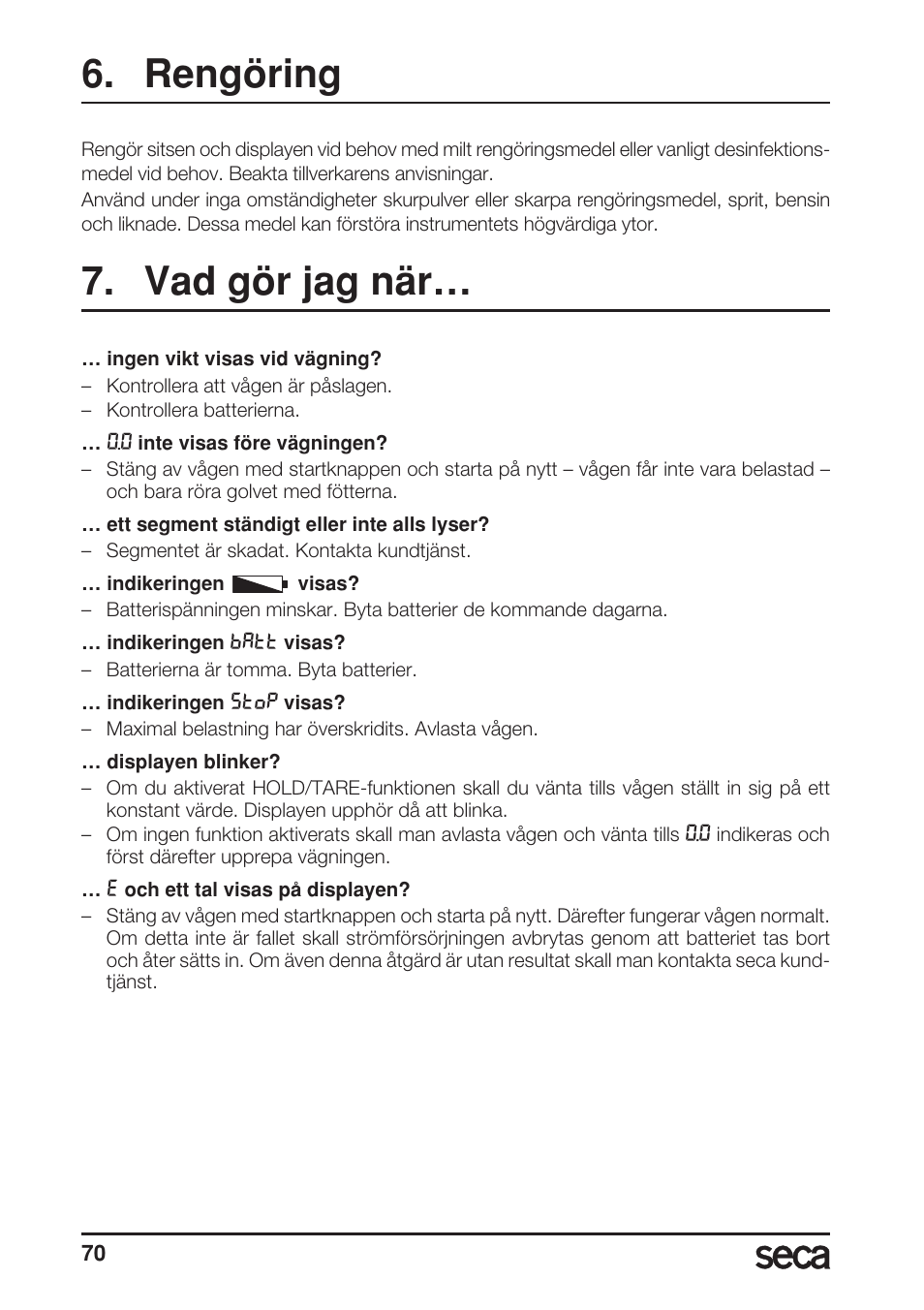 Rengöring, Vad gör jag när | Seca 956 User Manual | Page 70 / 136