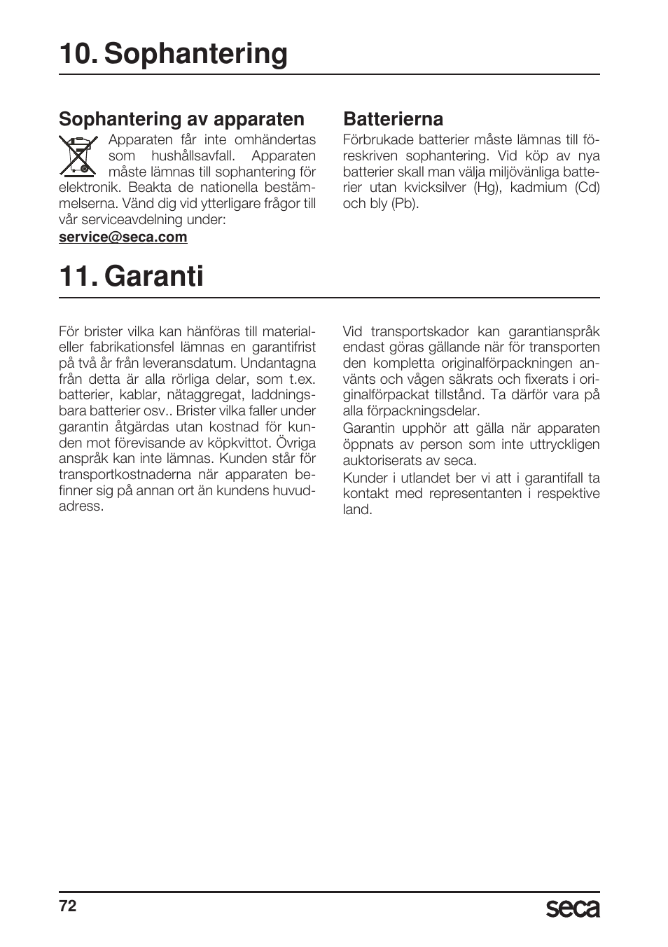 Sophantering, Sophantering av apparaten, Batterierna | Garanti | Seca 956 User Manual | Page 72 / 136