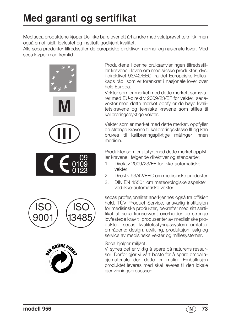 Norsk, Med garanti og sertifikat | Seca 956 User Manual | Page 73 / 136