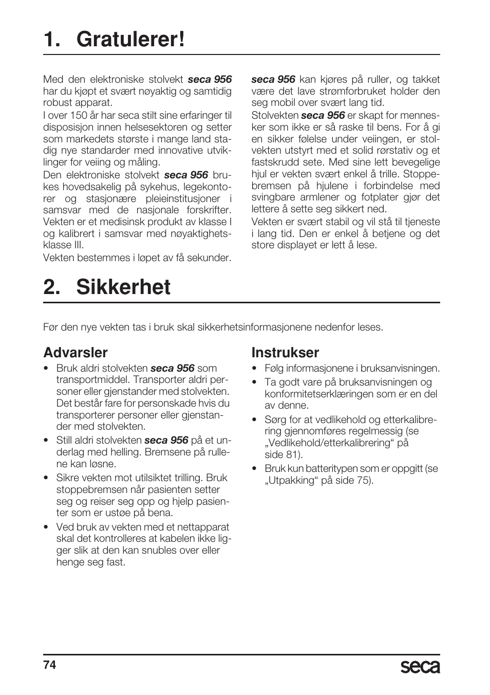 Gratulerer, Sikkerhet, Advarsler | Instrukser | Seca 956 User Manual | Page 74 / 136