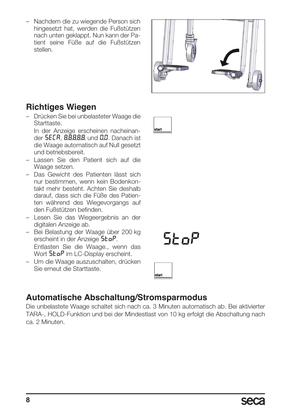 Richtiges wiegen, Stop, Automatische abschaltung/stromsparmodus | Seca 956 User Manual | Page 8 / 136
