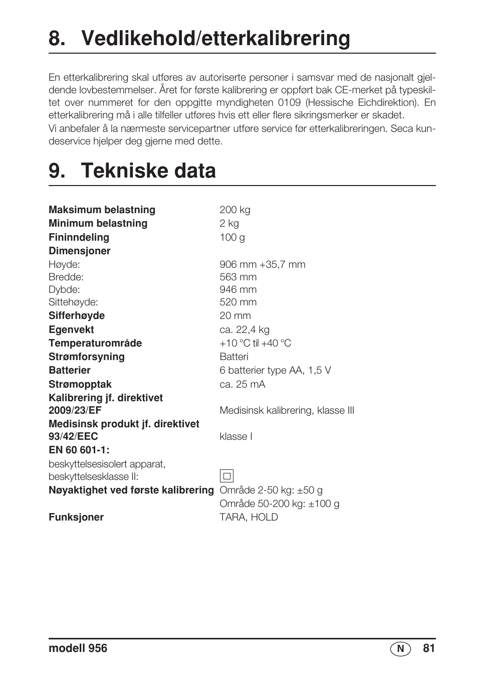Vedlikehold/etterkalibrering, Tekniske data | Seca 956 User Manual | Page 81 / 136