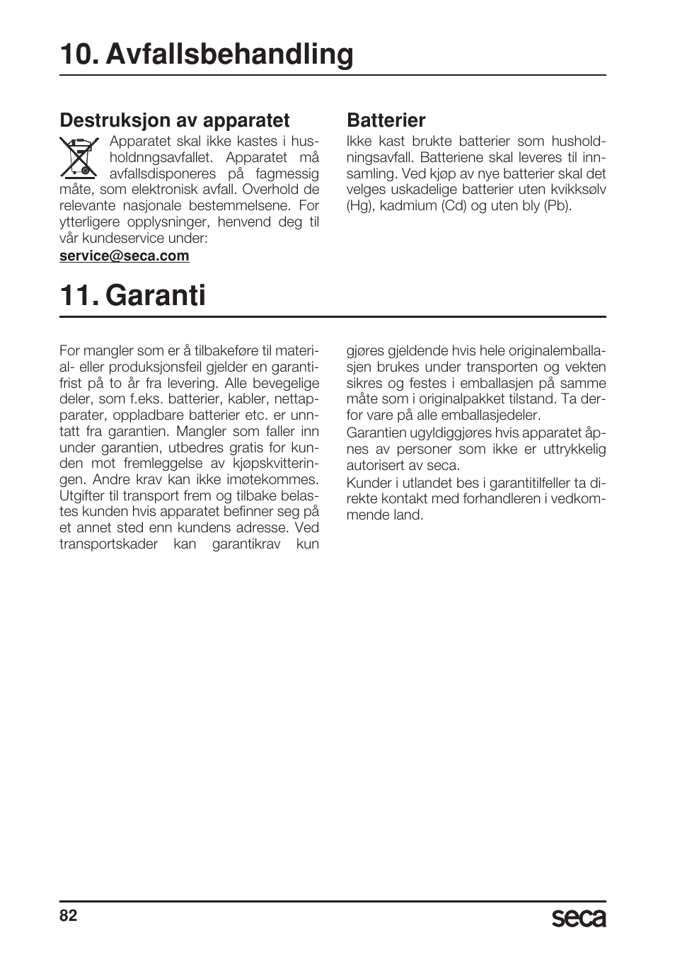 Avfallsbehandling, Destruksjon av apparatet, Batterier | Garanti | Seca 956 User Manual | Page 82 / 136