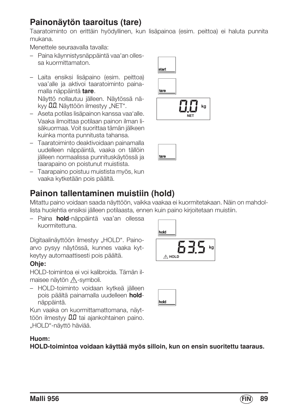 Painonäytön taaroitus (tare), Painon tallentaminen muistiin (hold) | Seca 956 User Manual | Page 89 / 136