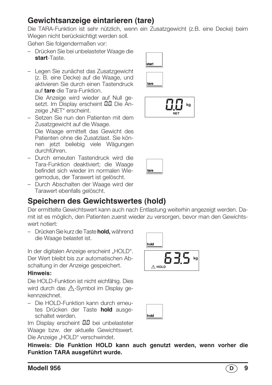 Gewichtsanzeige eintarieren (tare), Speichern des gewichtswertes (hold) | Seca 956 User Manual | Page 9 / 136