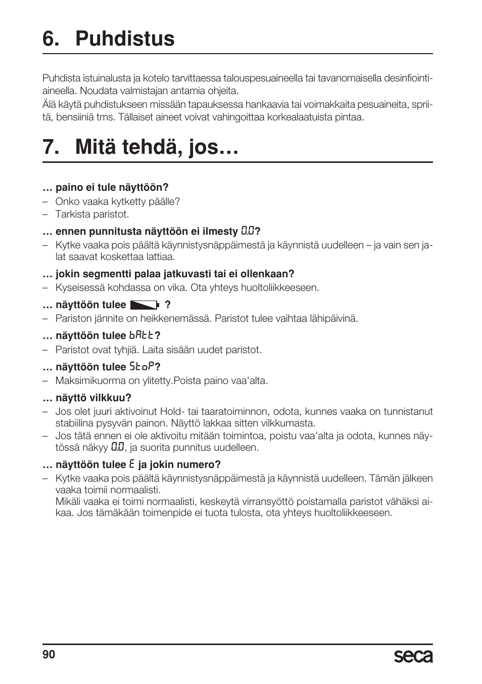 Puhdistus, Mitä tehdä, jos | Seca 956 User Manual | Page 90 / 136