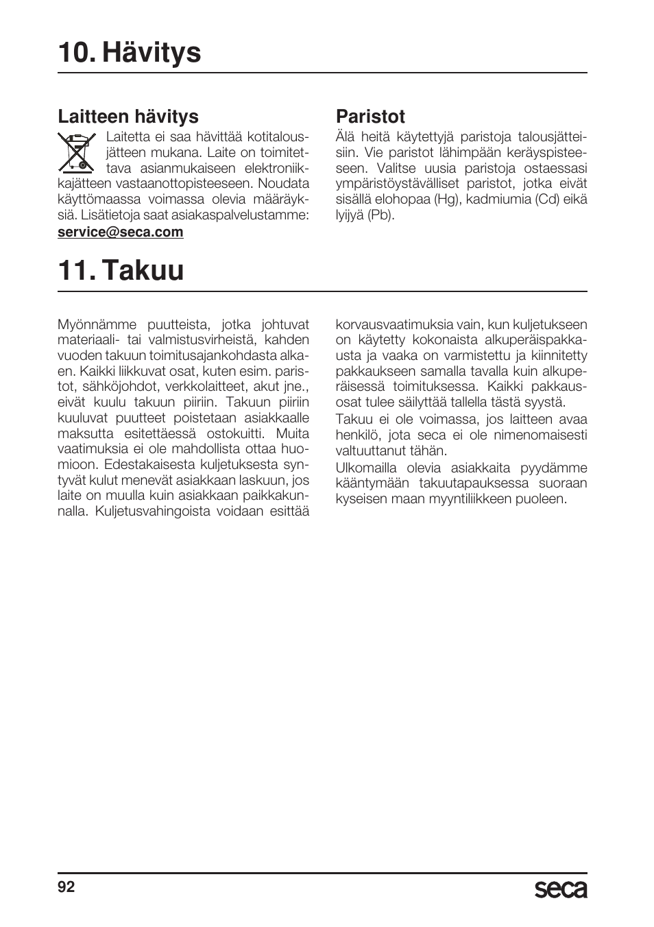 Hävitys, Laitteen hävitys, Paristot | Takuu | Seca 956 User Manual | Page 92 / 136