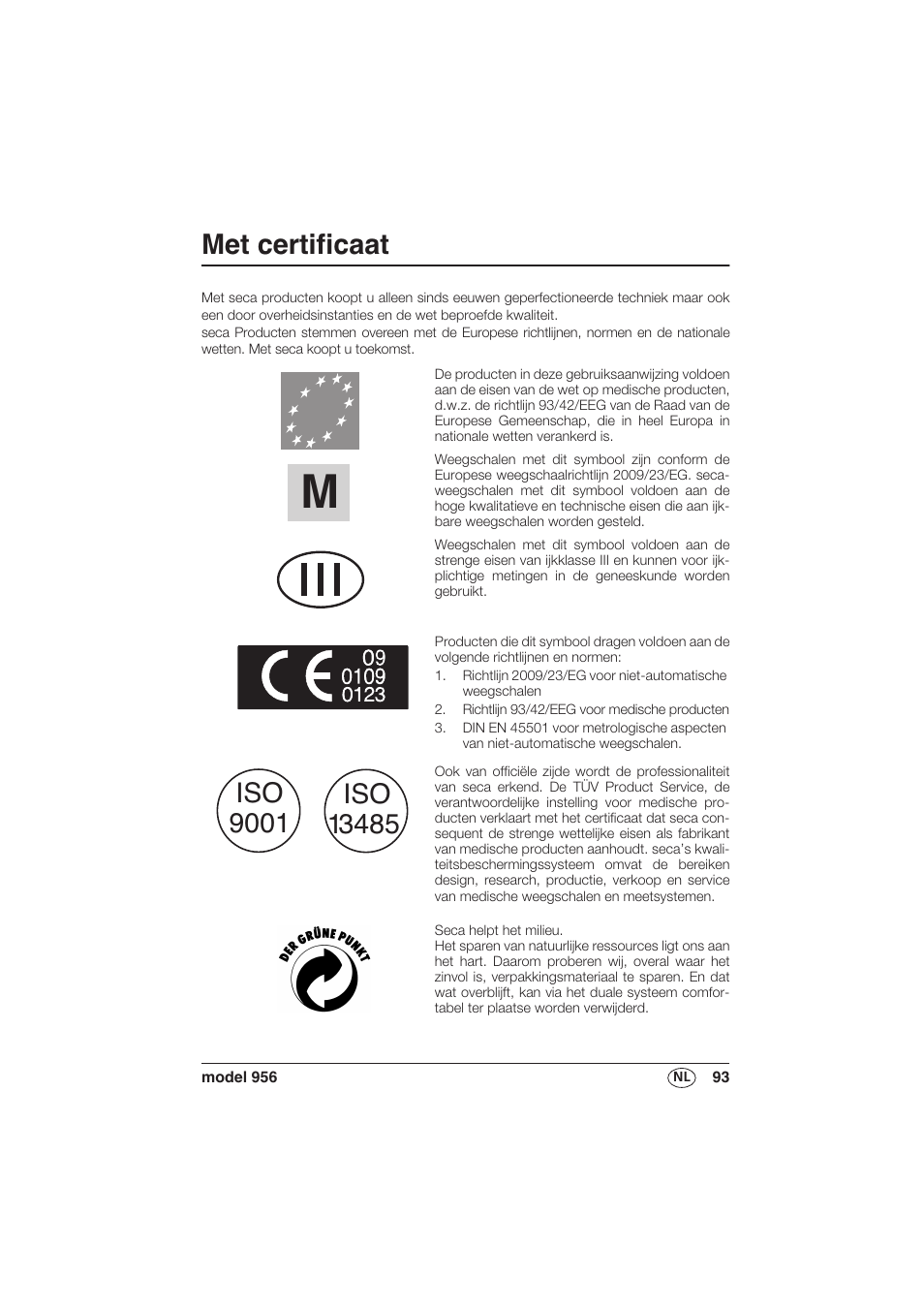 Nederlands, Met certificaat | Seca 956 User Manual | Page 93 / 136