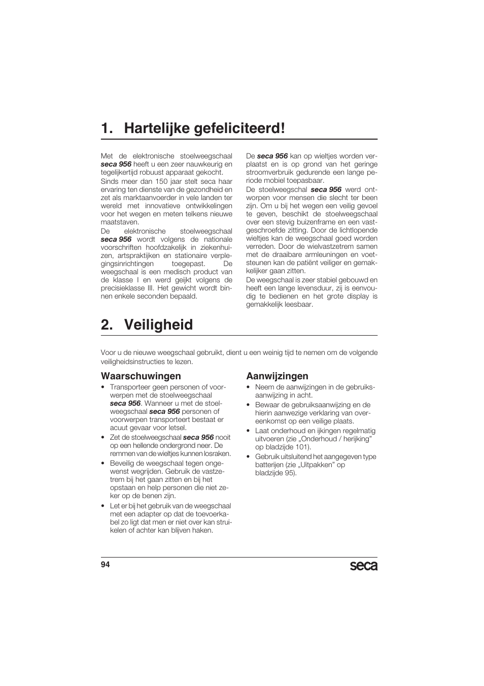 Hartelijke gefeliciteerd, Veiligheid, Waarschuwingen | Aanwijzingen | Seca 956 User Manual | Page 94 / 136