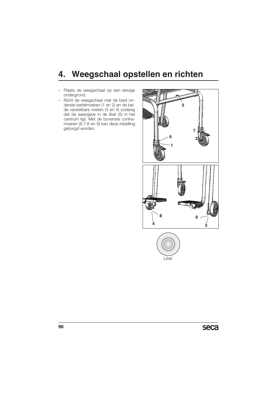 Weegschaal opstellen en richten, Libelle | Seca 956 User Manual | Page 96 / 136