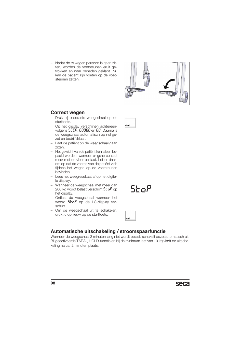 Correct wegen, Automatische uitschakeling / stroomspaarfunctie, Stop | Seca 956 User Manual | Page 98 / 136