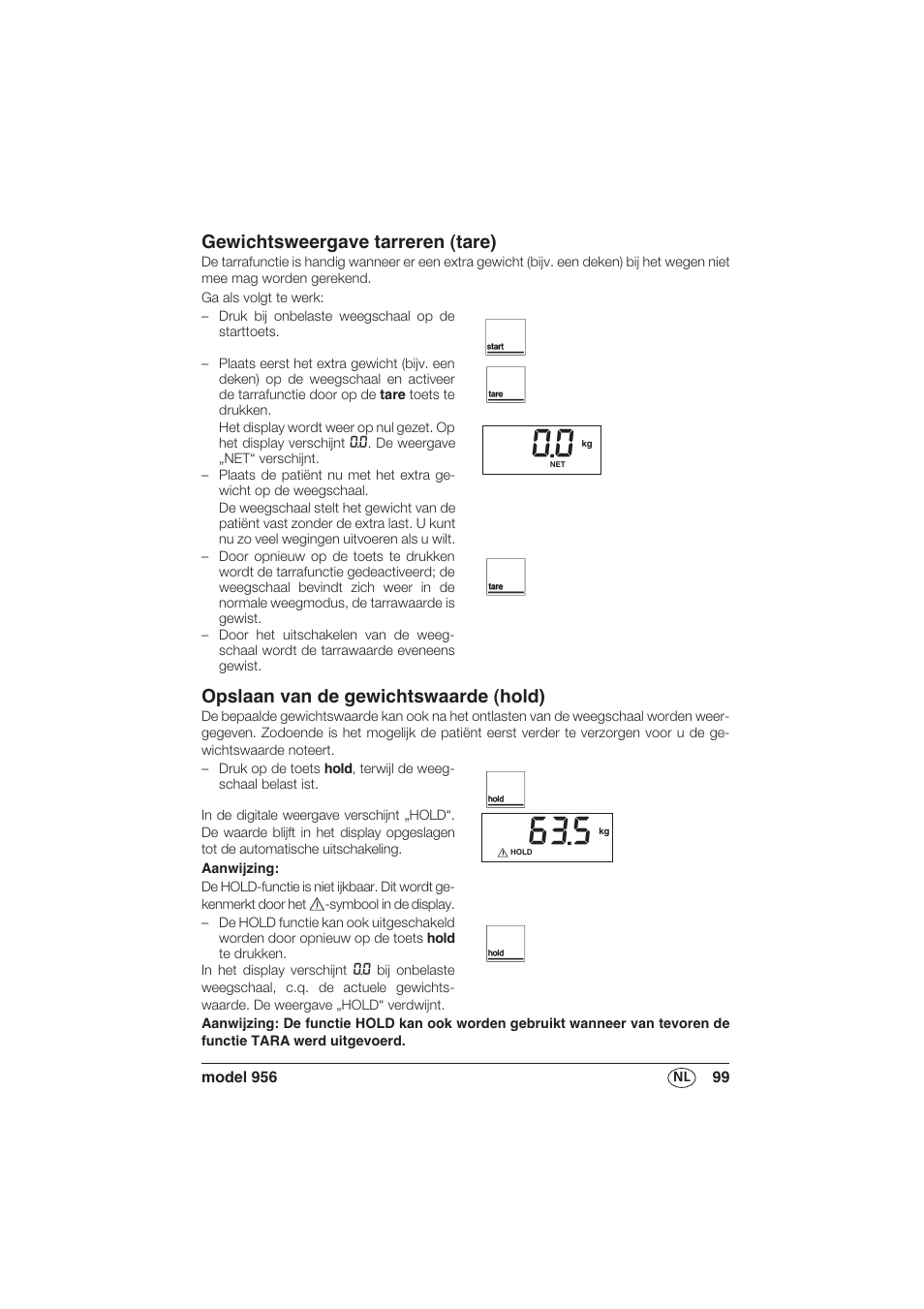 Gewichtsweergave tarreren (tare), Opslaan van de gewichtswaarde (hold) | Seca 956 User Manual | Page 99 / 136
