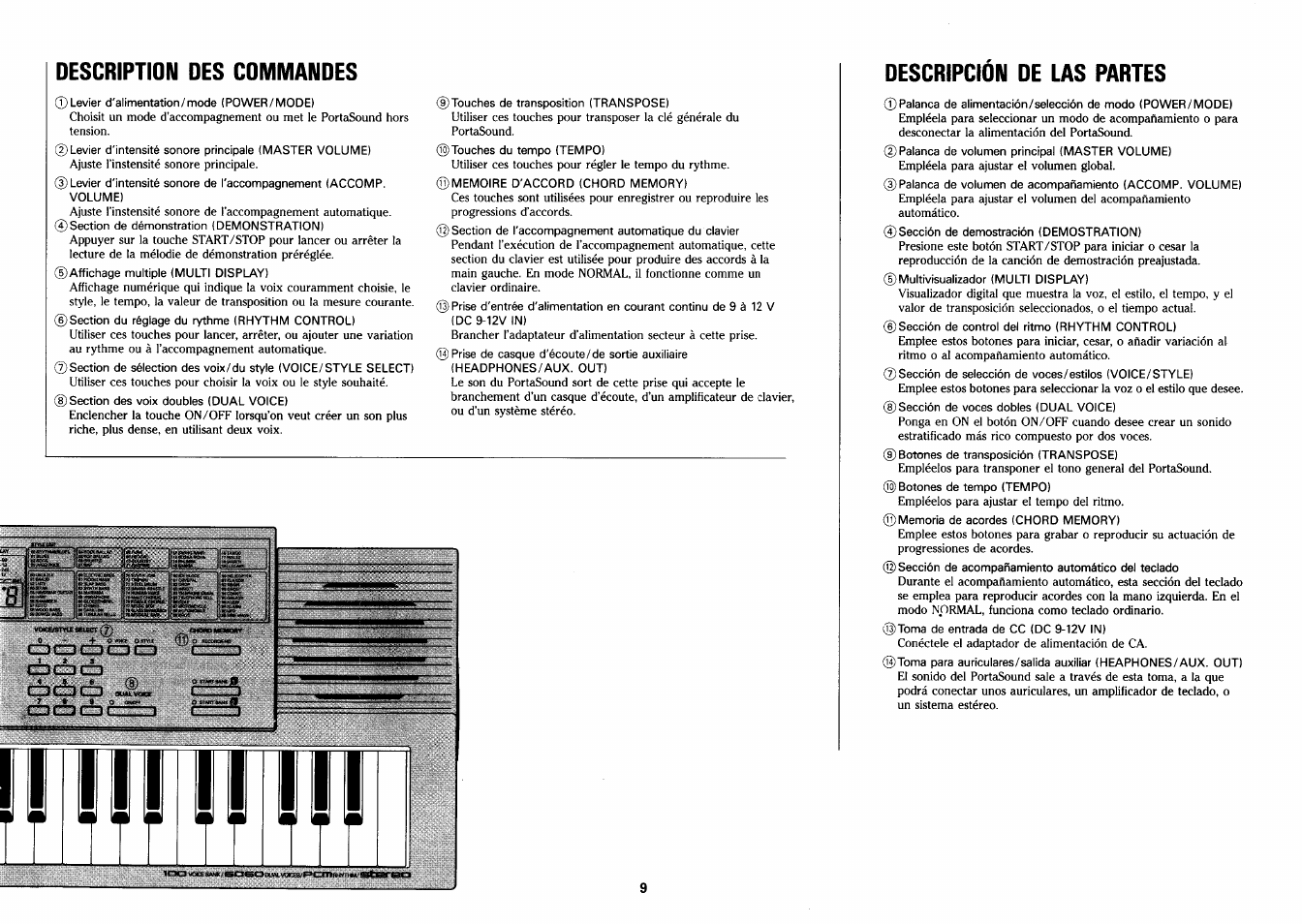 Description des commandes, Descripcidn de las partes, Descripción de las partes | Czdcbcb | Yamaha PSS-26 User Manual | Page 10 / 39