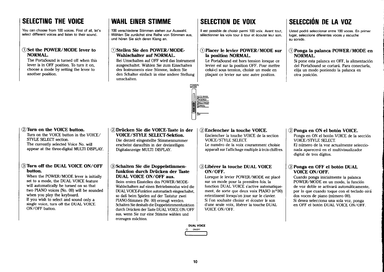 Selecting the voice, Wahl einer stimme, Selection de voix | Selección de la voz | Yamaha PSS-26 User Manual | Page 11 / 39