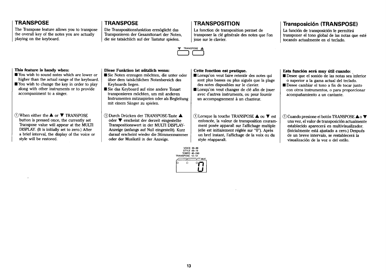 Cd cd, Transpose, Transposition | Transposición (transpose) | Yamaha PSS-26 User Manual | Page 14 / 39