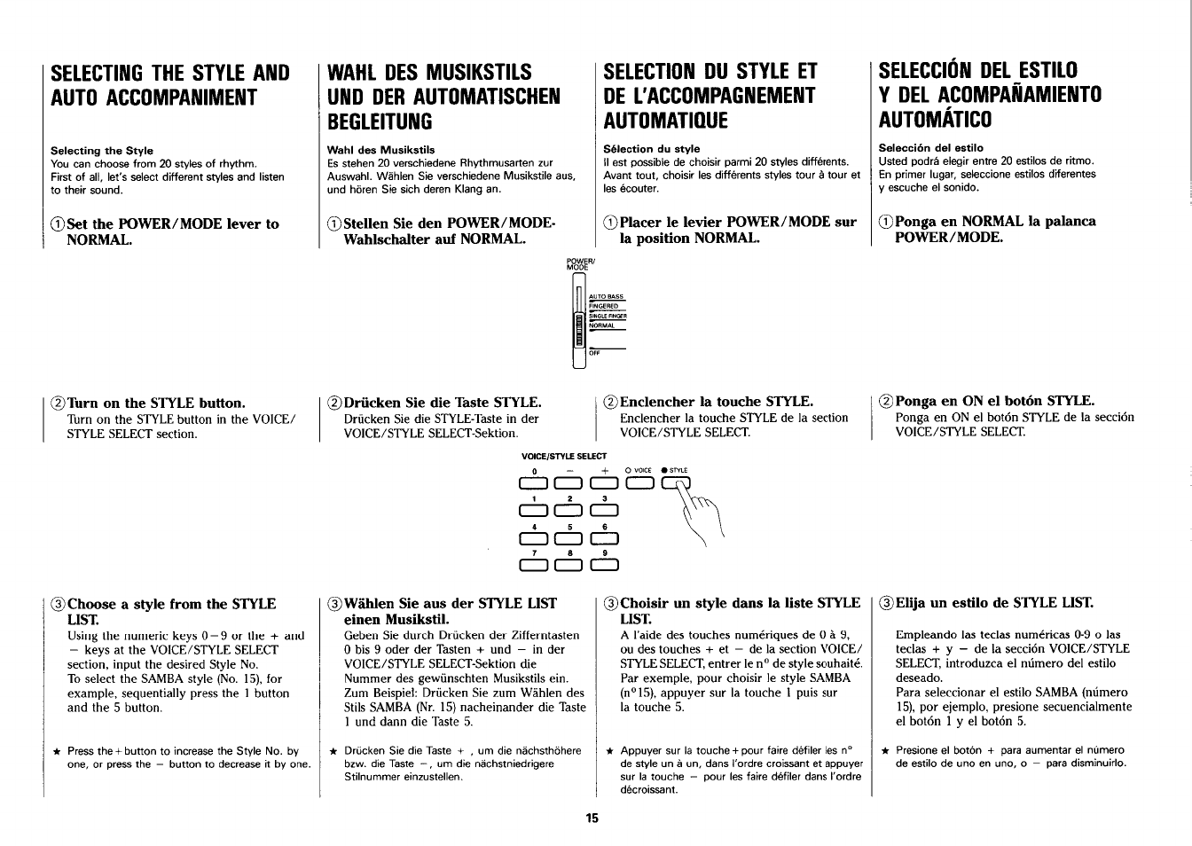 Czd cd cd czd, Cd cd cd, Selecting the style and auto accompaniment | Yamaha PSS-26 User Manual | Page 16 / 39