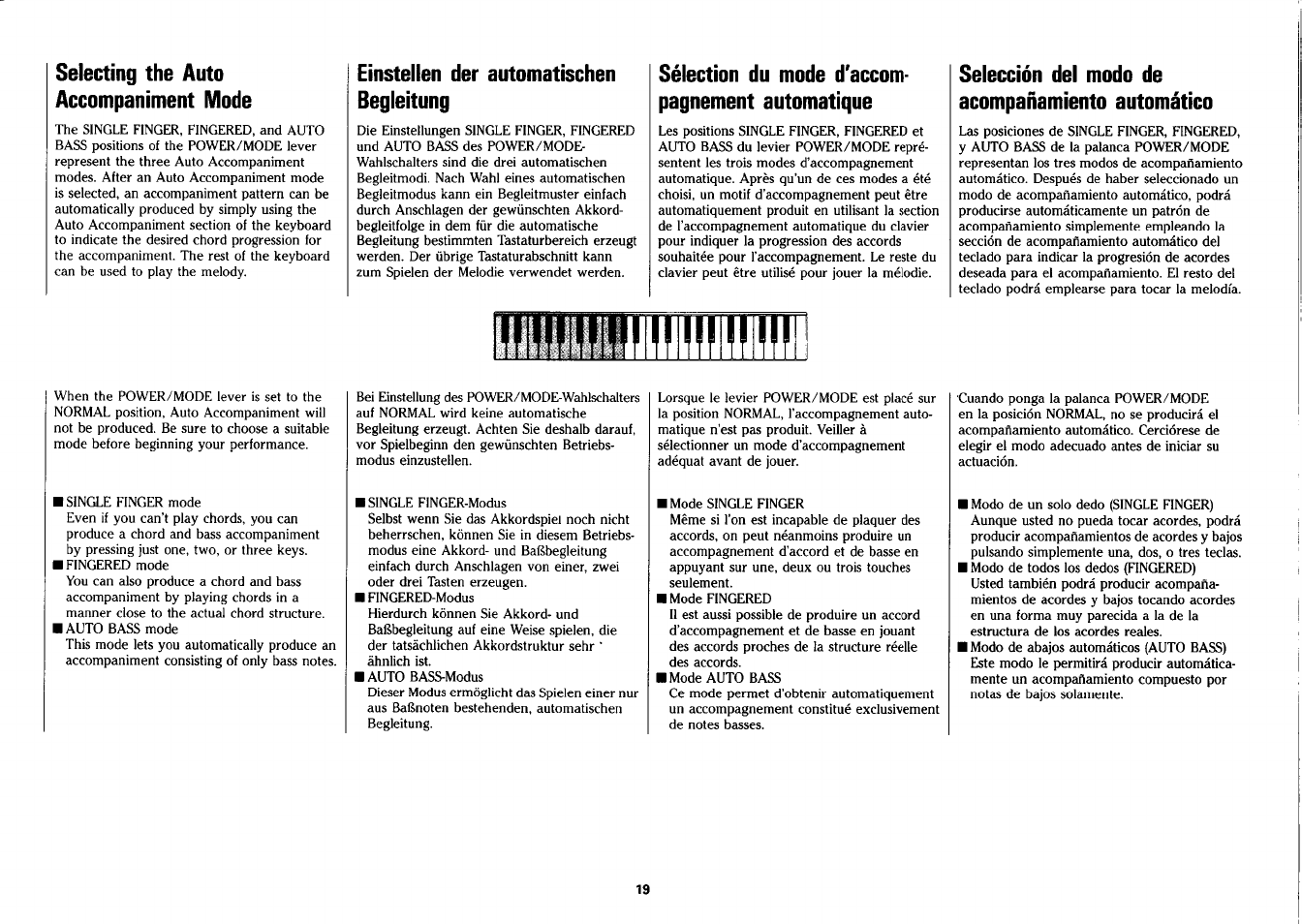 Selecting the auto accompaniment mode, Einstellen der automatischen begleitung, Sélection du mode d'accompagnement automatique | Selección del modo de acompañamiento automático | Yamaha PSS-26 User Manual | Page 20 / 39