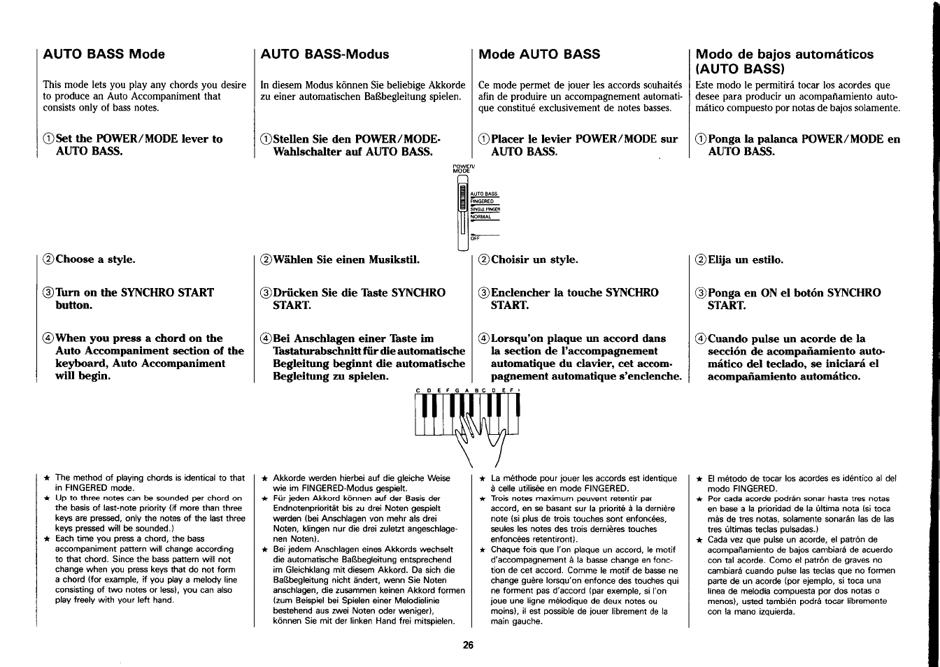 Auto bass mode auto bass-modus mode auto bass, Modo de bajos automáticos (auto bass) | Yamaha PSS-26 User Manual | Page 27 / 39