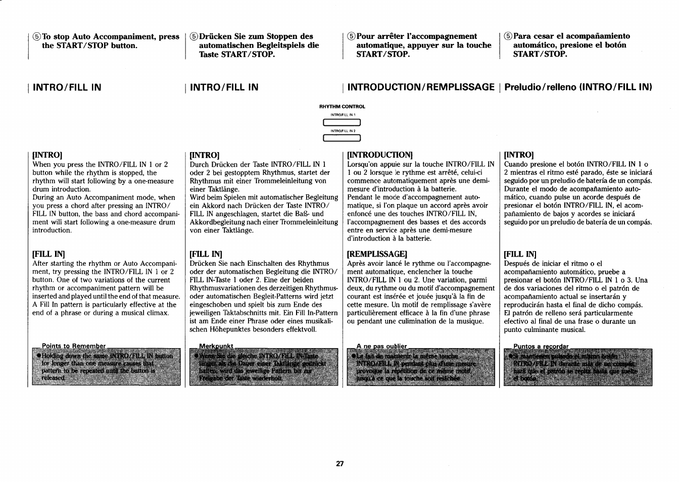 Intro/fill in, Intro/fill in introduction/remplissage, Preludio/relleno (intro/fill in) | Yamaha PSS-26 User Manual | Page 28 / 39