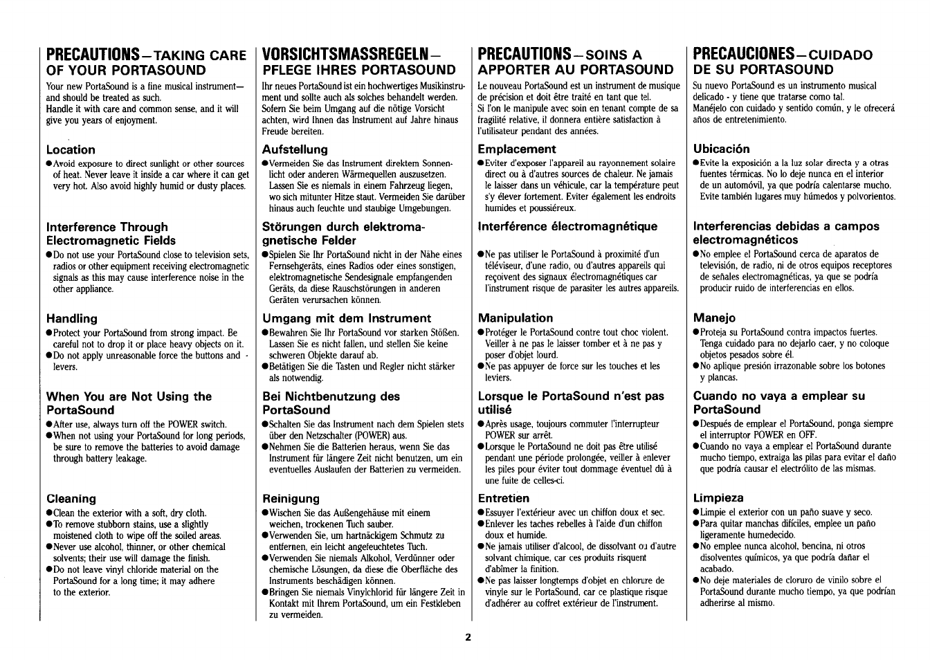 Vorsichtsmassregeln, Precautions, Precauciones | Yamaha PSS-26 User Manual | Page 3 / 39