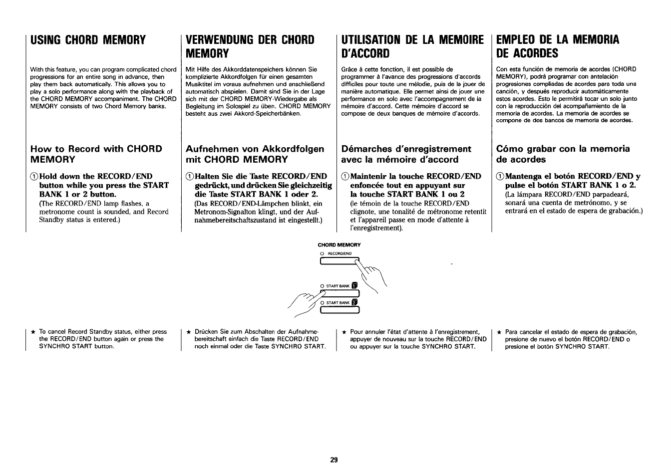 Using chord memory, Verwendung der chdrd memdry, Utilisatidn de la memdire d'accdrd | Empled de la memdria de acdrdes, Verwendung der chord memory | Yamaha PSS-26 User Manual | Page 30 / 39