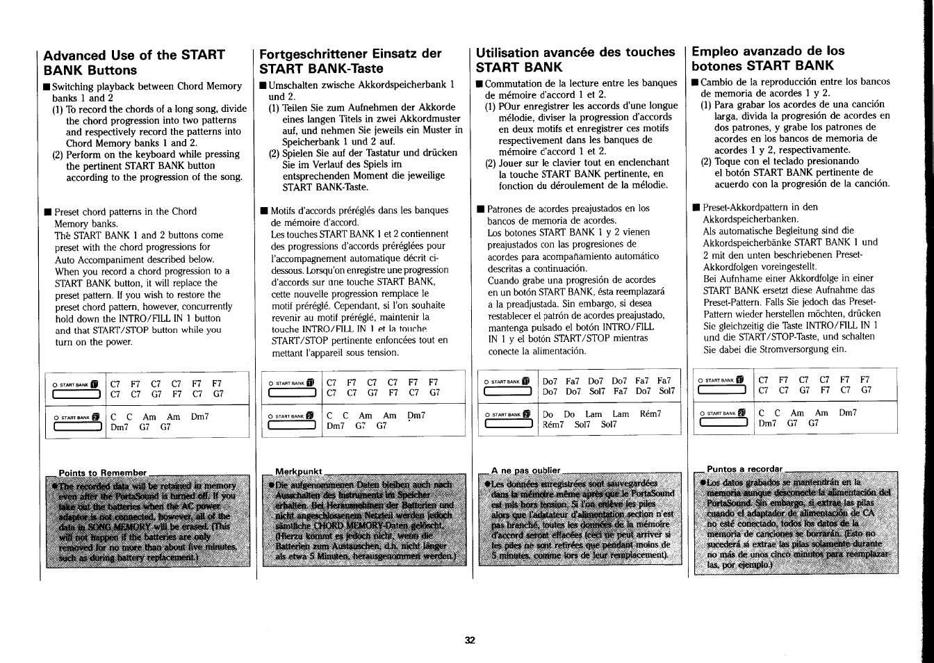 Advanced use of the start bank buttons, Fortgeschrittener einsatz der start ban к-taste, Utilisation avancée des touches start bank | Empleo avanzado de los botones start bank | Yamaha PSS-26 User Manual | Page 33 / 39