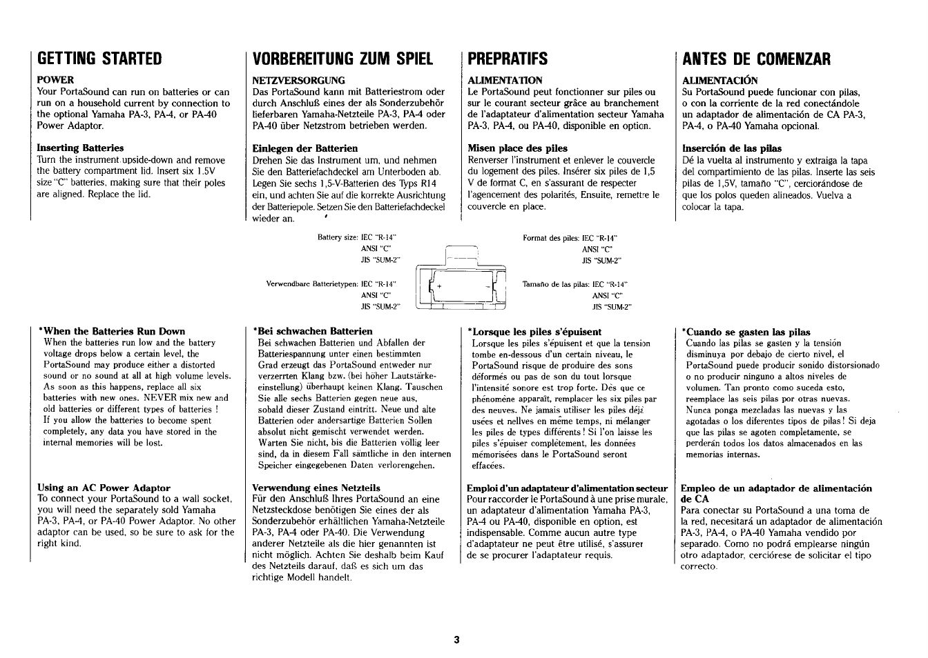 Getting started, Power, Vorbereitung zum spiel | Netzversorgung, Prepratifs, Alimentation, Antes de comenzar, Aumentación, Preparatifs, Alimentación | Yamaha PSS-26 User Manual | Page 4 / 39