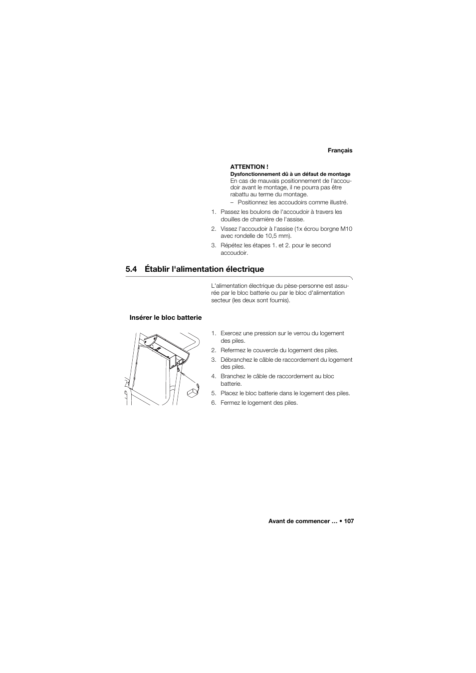 4 établir l'alimentation électrique, Insérer le bloc batterie | Seca 959 User Manual | Page 107 / 317