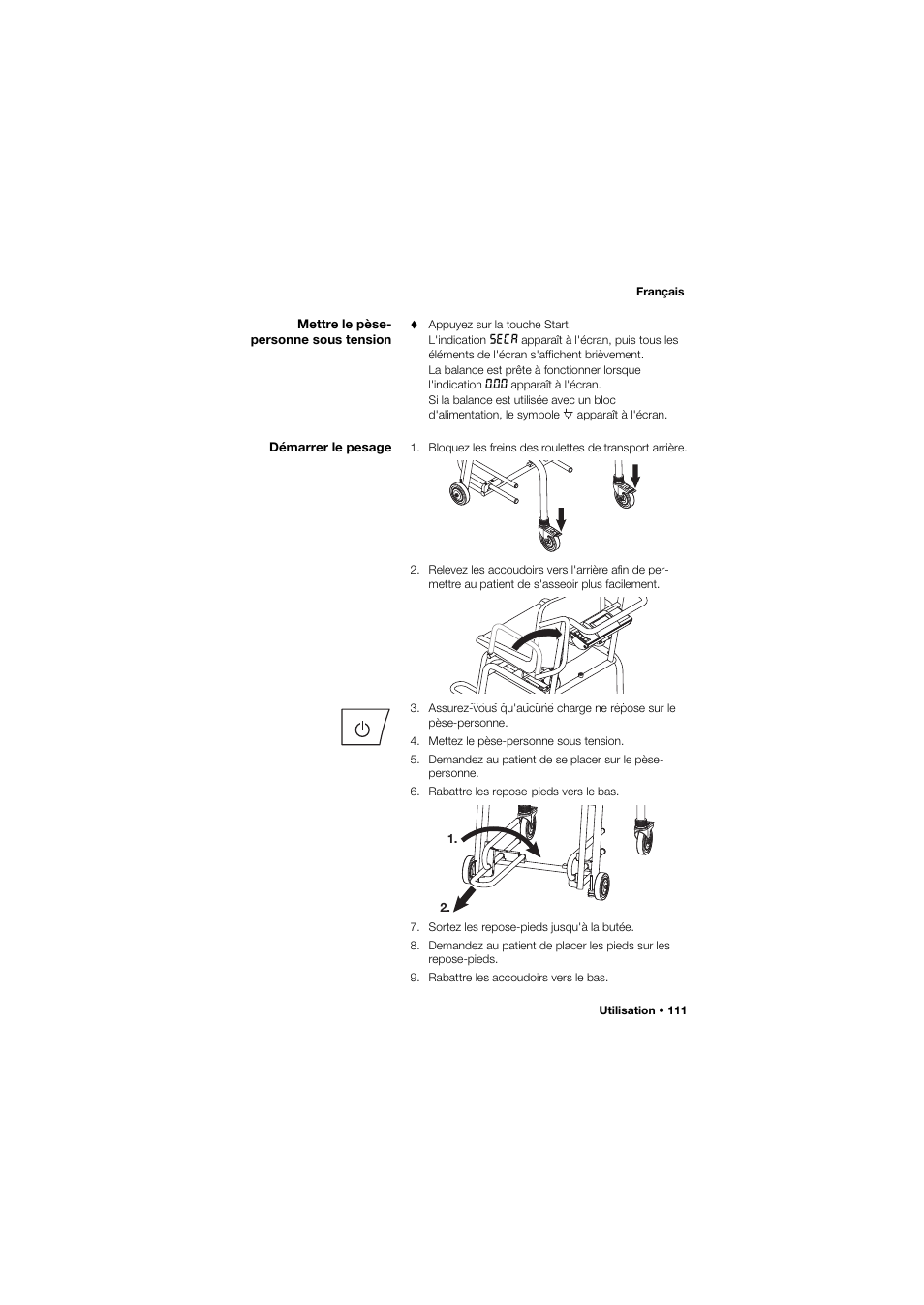 Mettre le pèse- personne sous tension, Démarrer le pesage | Seca 959 User Manual | Page 111 / 317