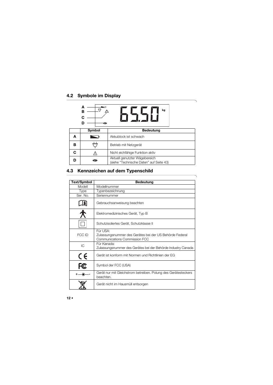 2 symbole im display, 3 kennzeichen auf dem typenschild | Seca 959 User Manual | Page 12 / 317