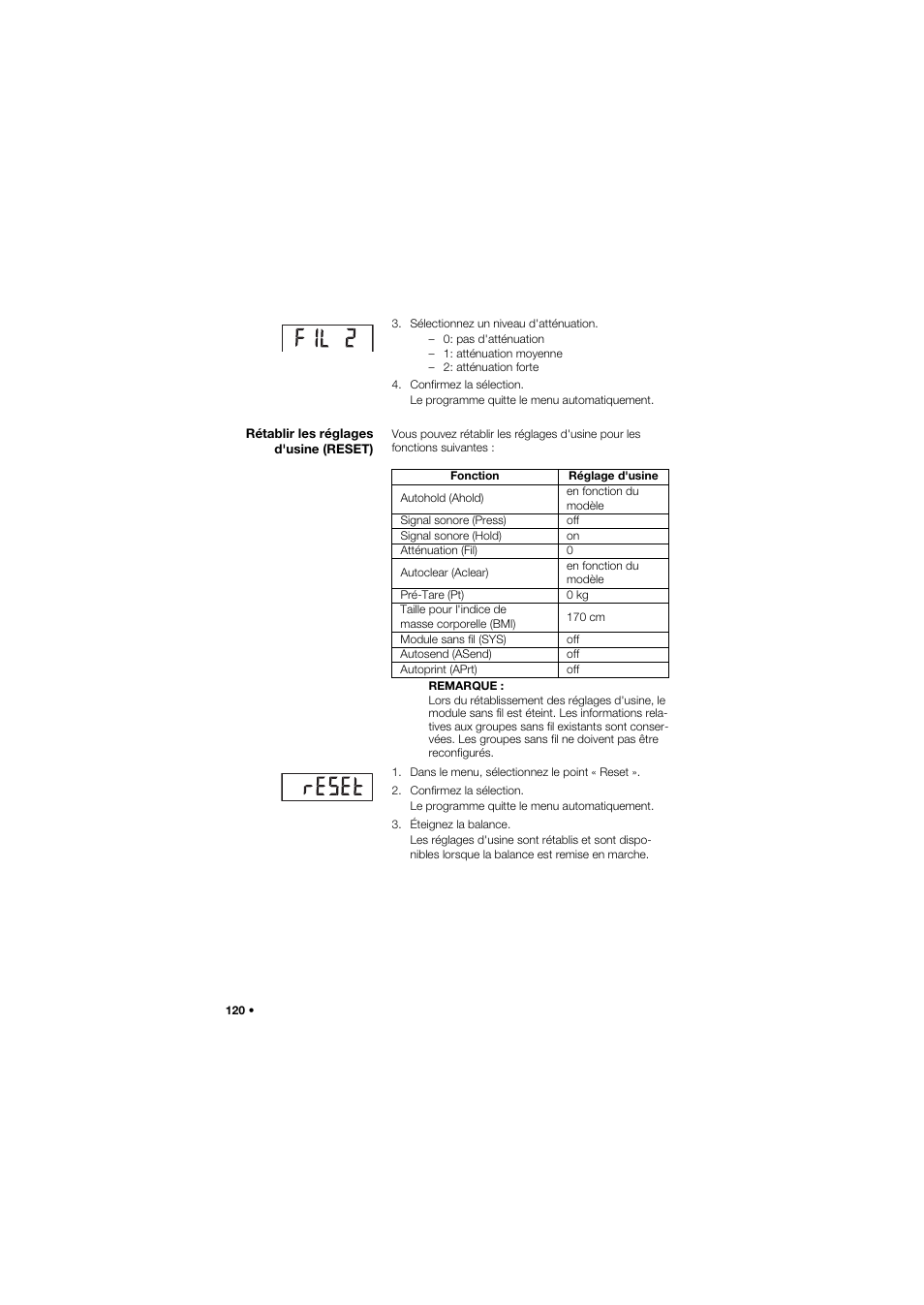 Rétablir les réglages d'usine (reset) | Seca 959 User Manual | Page 120 / 317