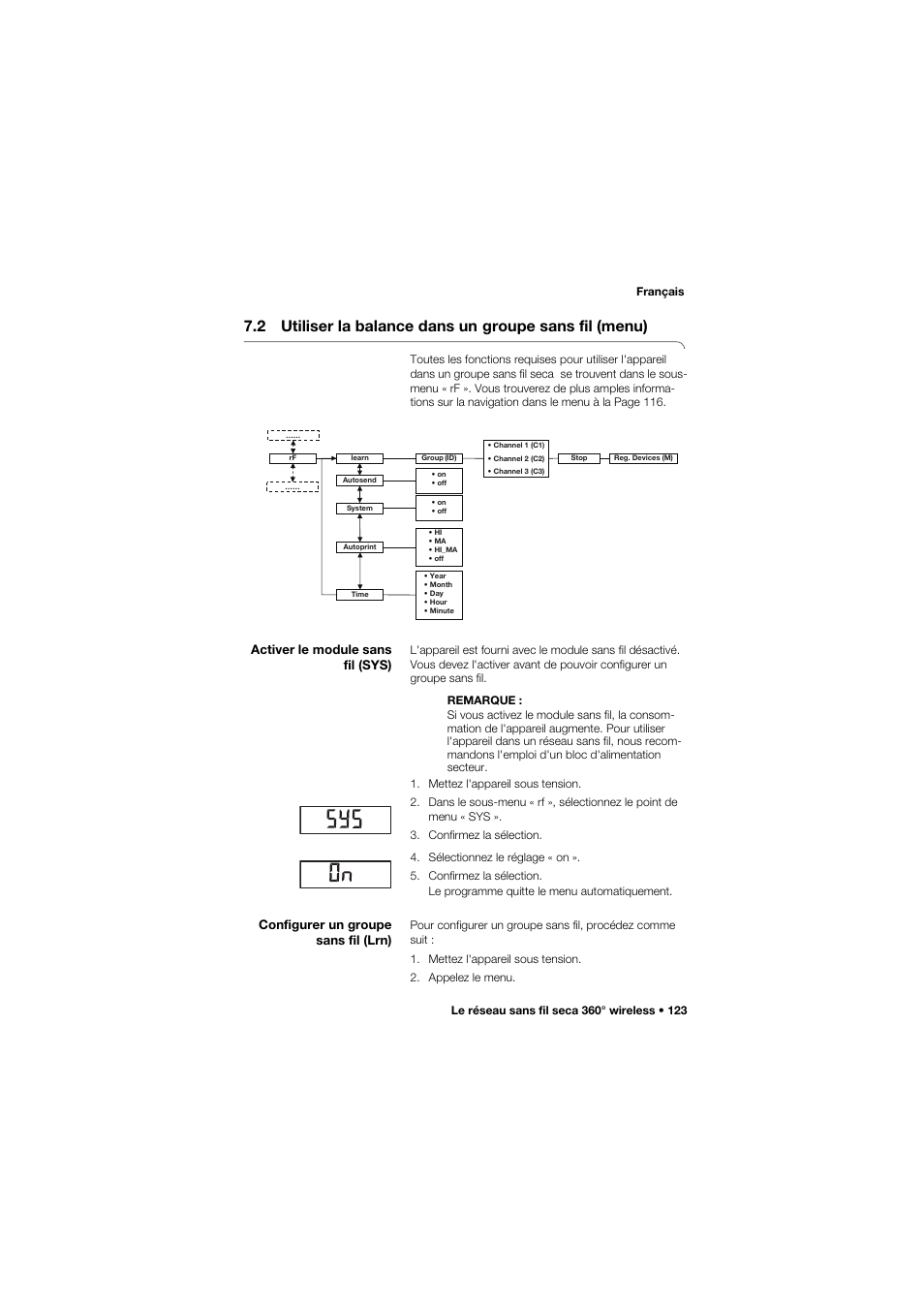 Activer le module sans fil (sys), Configurer un groupe sans fil (lrn), 2 utiliser la balance dans un | Groupe sans fil (menu) | Seca 959 User Manual | Page 123 / 317