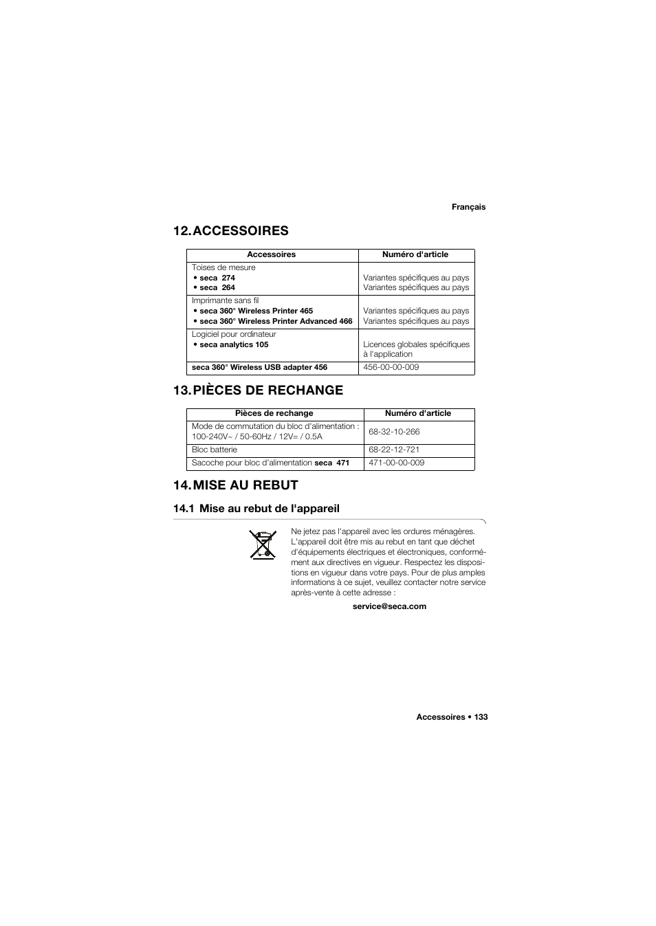 Accessoires, Pièces de rechange, Mise au rebut | 1 mise au rebut de l'appareil, Accessoires 13.pièces de rechange 14.mise au rebut | Seca 959 User Manual | Page 133 / 317