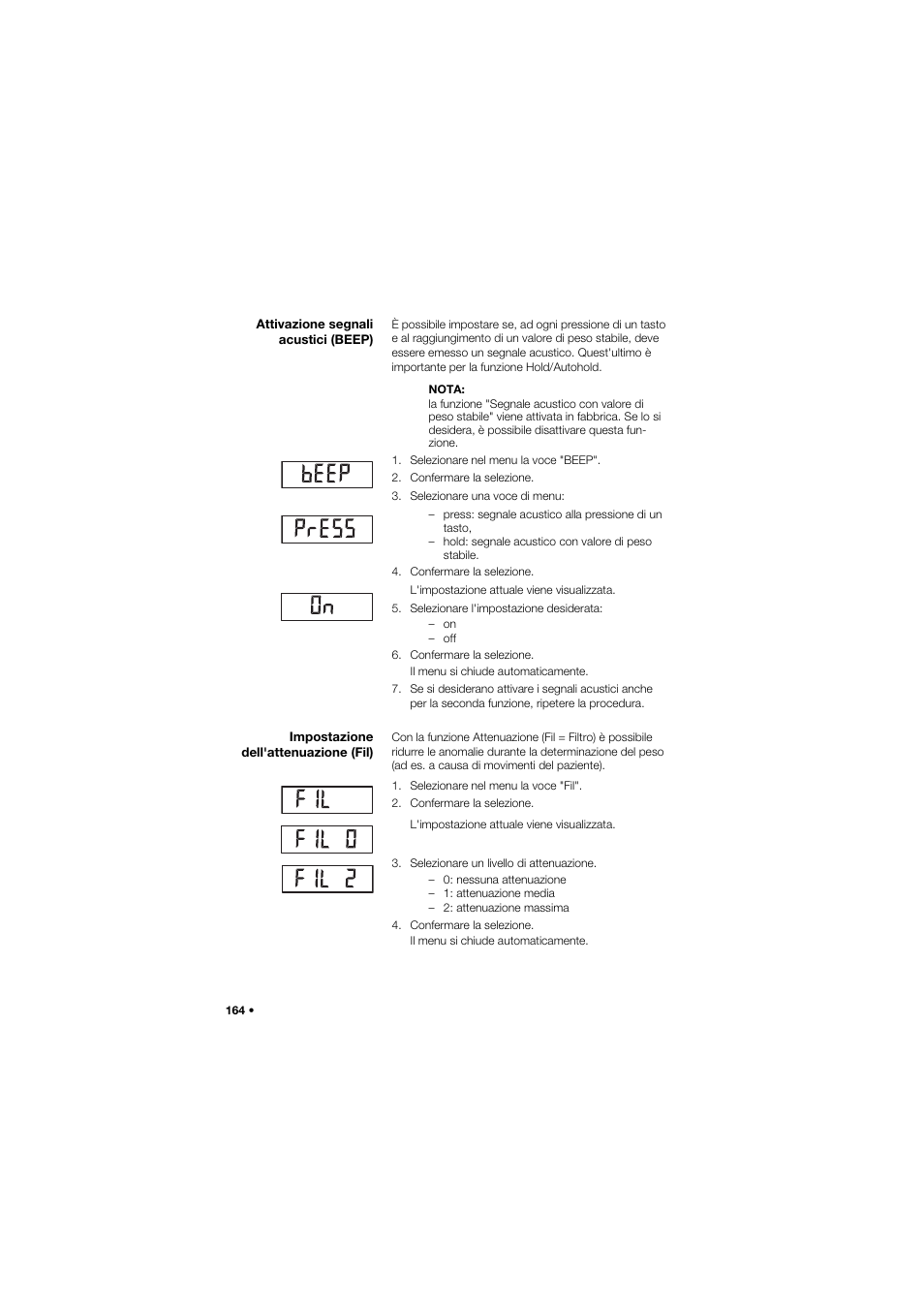 Attivazione segnali acustici (beep), Impostazione dell'attenuazione (fil) | Seca 959 User Manual | Page 164 / 317