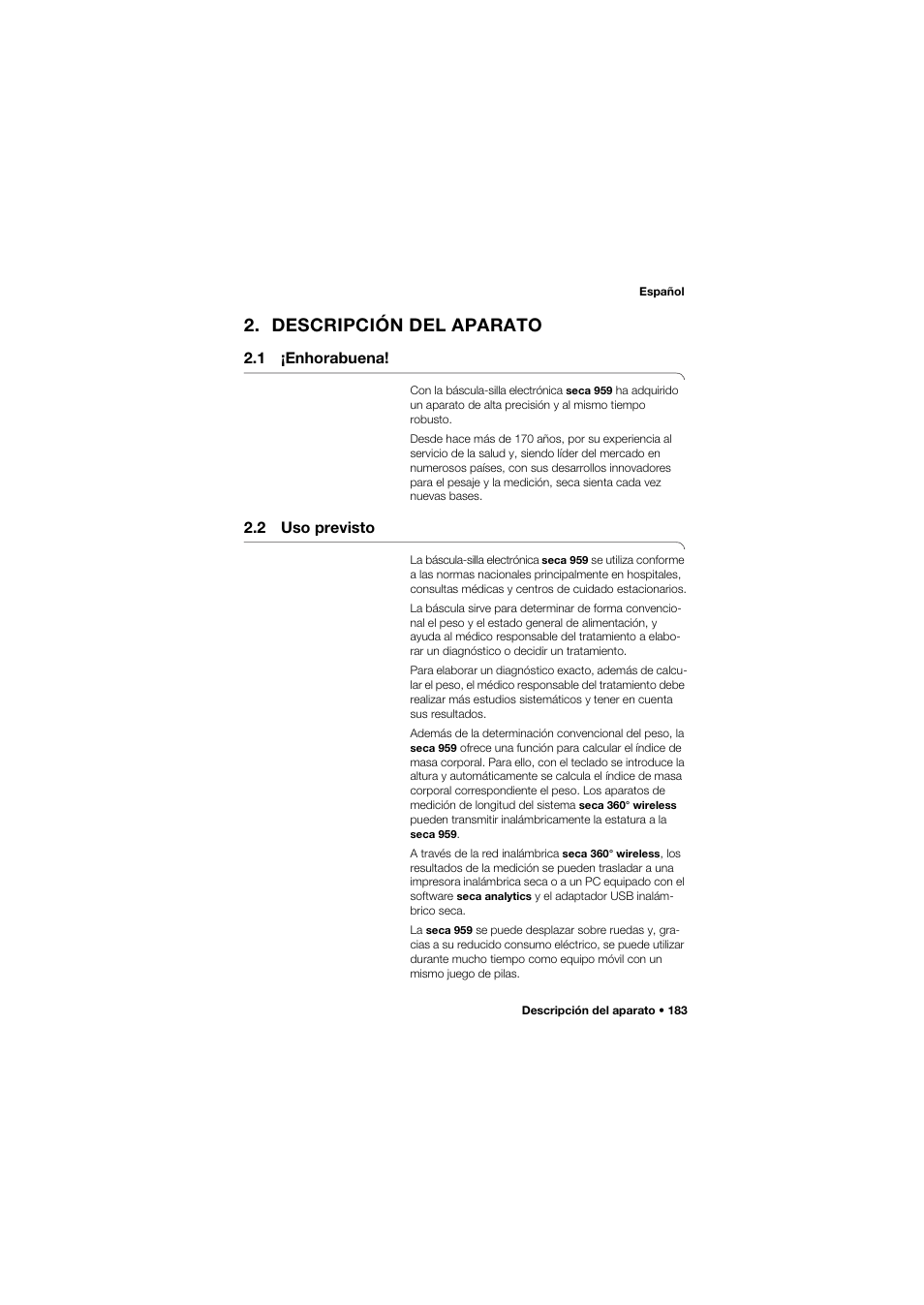 Descripción del aparato, 1 ¡enhorabuena, 2 uso previsto | Seca 959 User Manual | Page 183 / 317