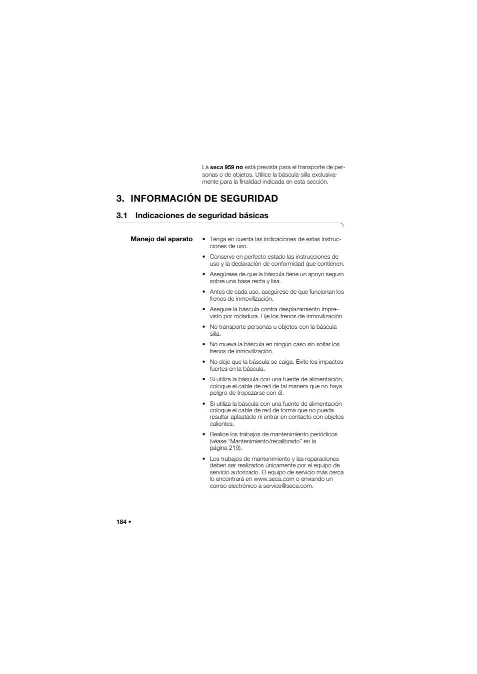 Información de seguridad, 1 indicaciones de seguridad básicas, Manejo del aparato | Seca 959 User Manual | Page 184 / 317