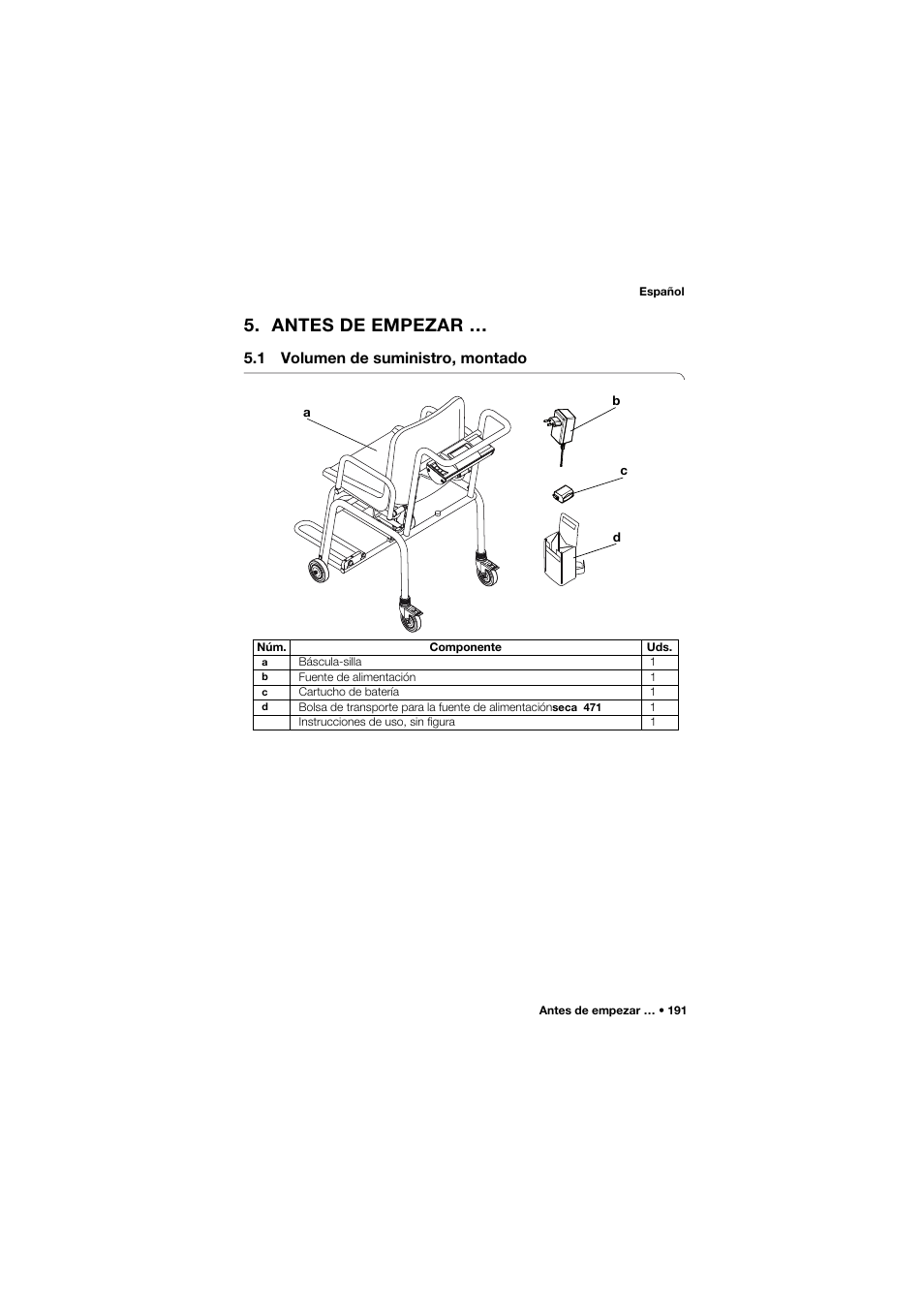 Antes de empezar, 1 volumen de suministro, montado | Seca 959 User Manual | Page 191 / 317